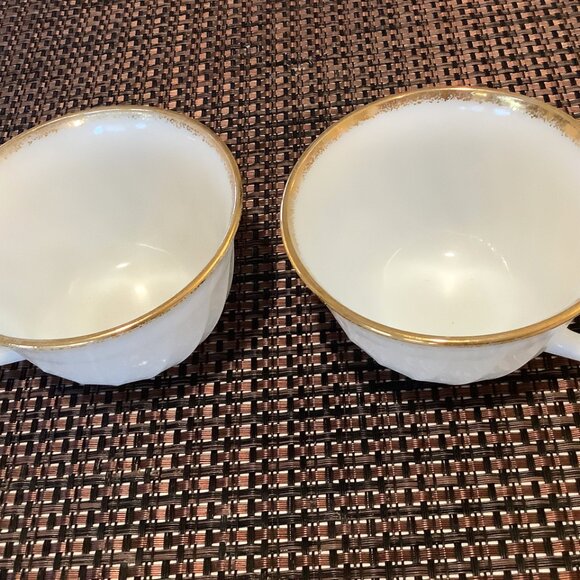 Fire King Swirl Milk Glass Cups White Gold Rim Teacups Vintage Oven Ware Set 2 - Picture 6 of 7
